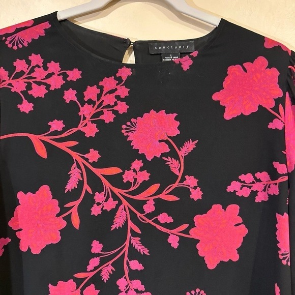 Sanctuary‎ Womens Blouse Large Black Pink Floral Balloon Sleeve Sheer Sleeve Top - Picture 3 of 8